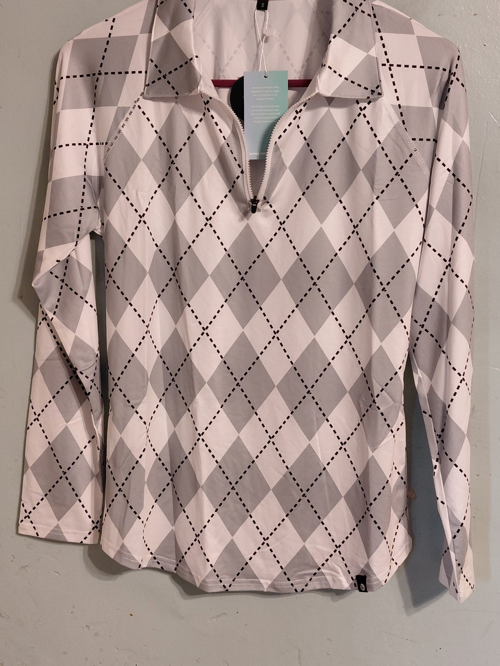 Argyle Print Quarter-Zip Long Sleeve Top - White & Gray